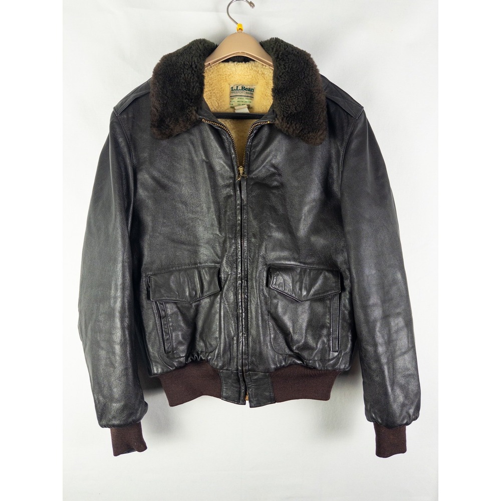Vintage LL Bean G-1 Leather Bomber Jacket Mens L Dark Brown Goatskin Shearling H